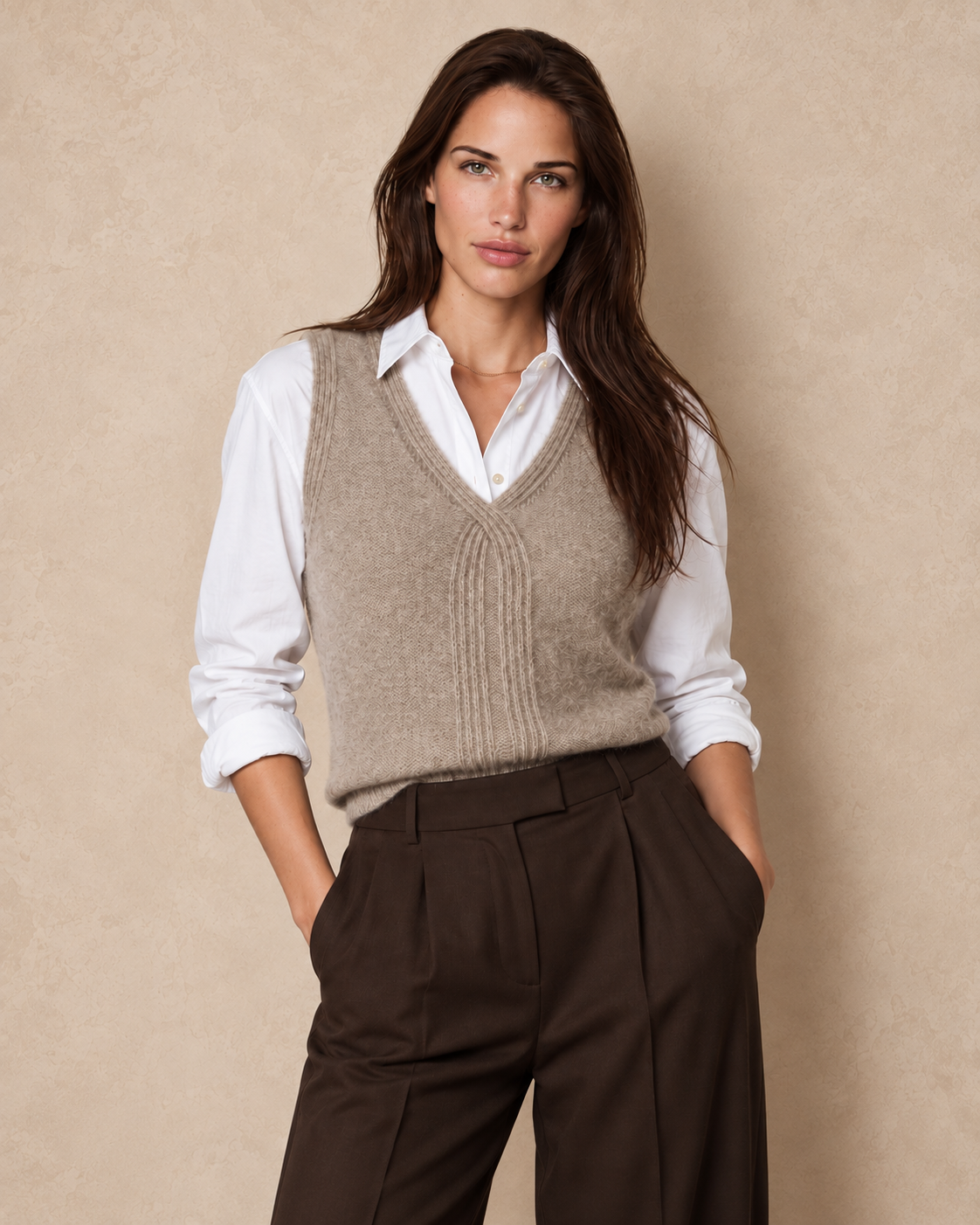 Cashmere Silk V-Neck Top (Sughero)