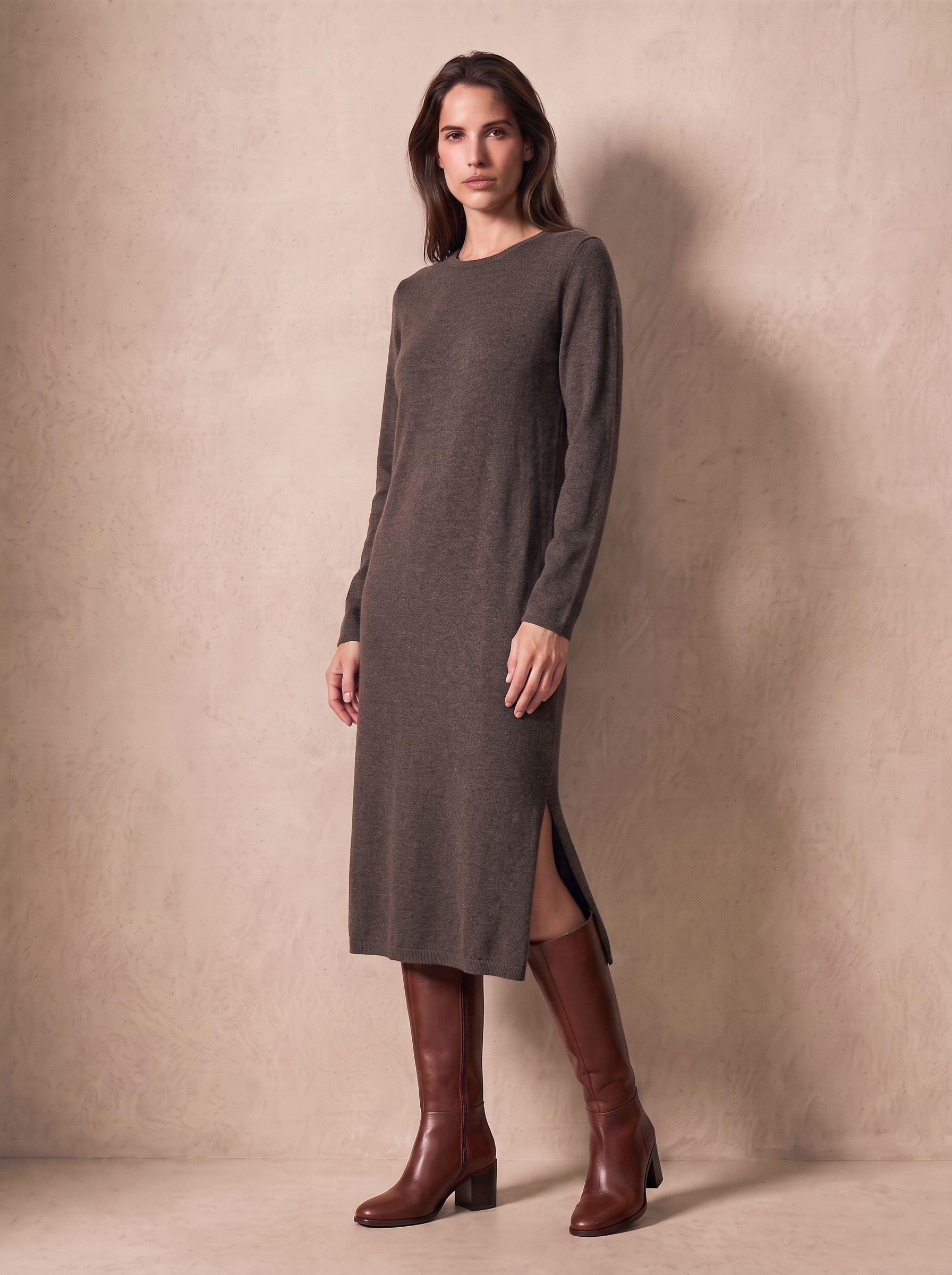 Cashmere Boat Neck Knit Dress (Chocolate Brown)